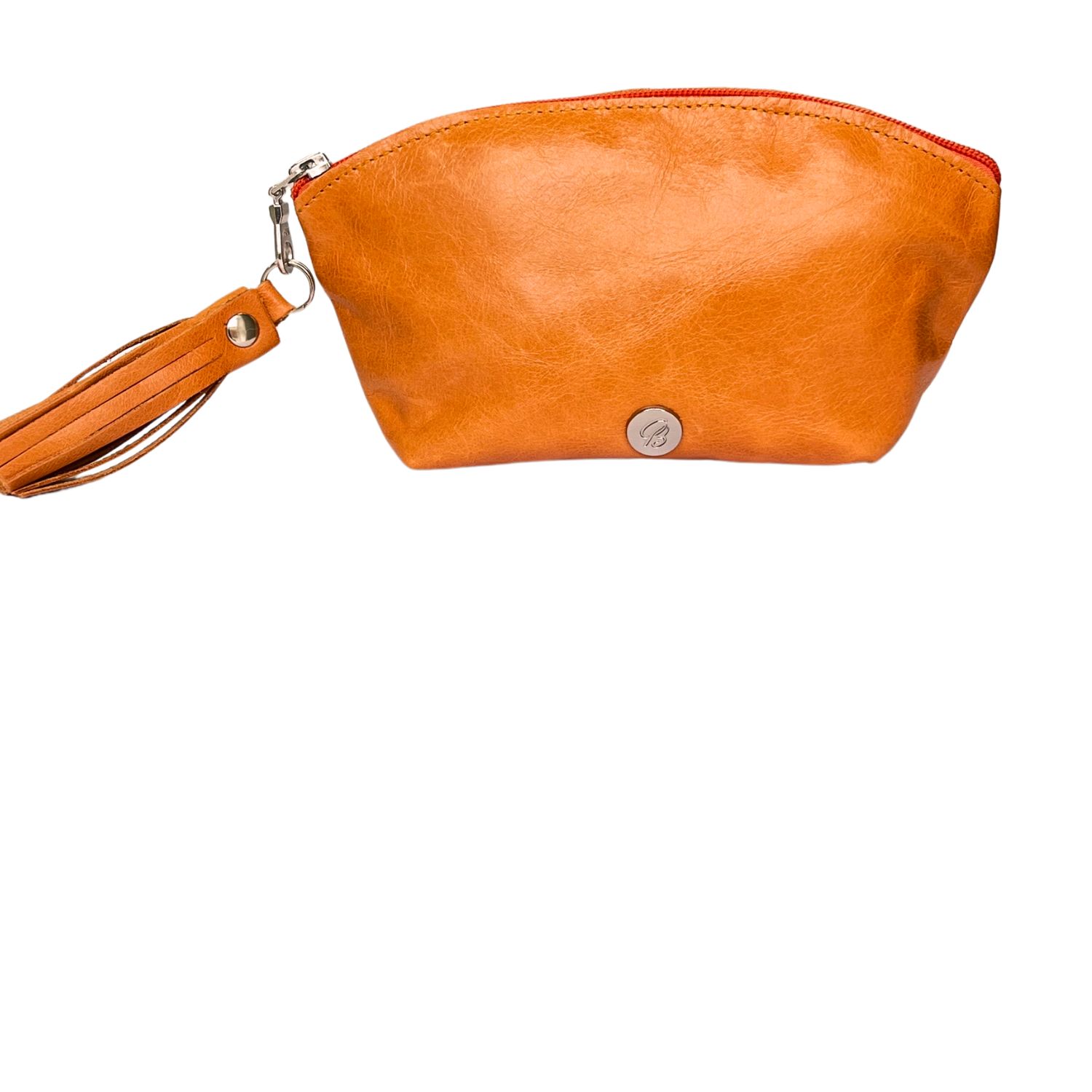 Leather Boho cosmetic Purse with Tassle -Orange Glace
