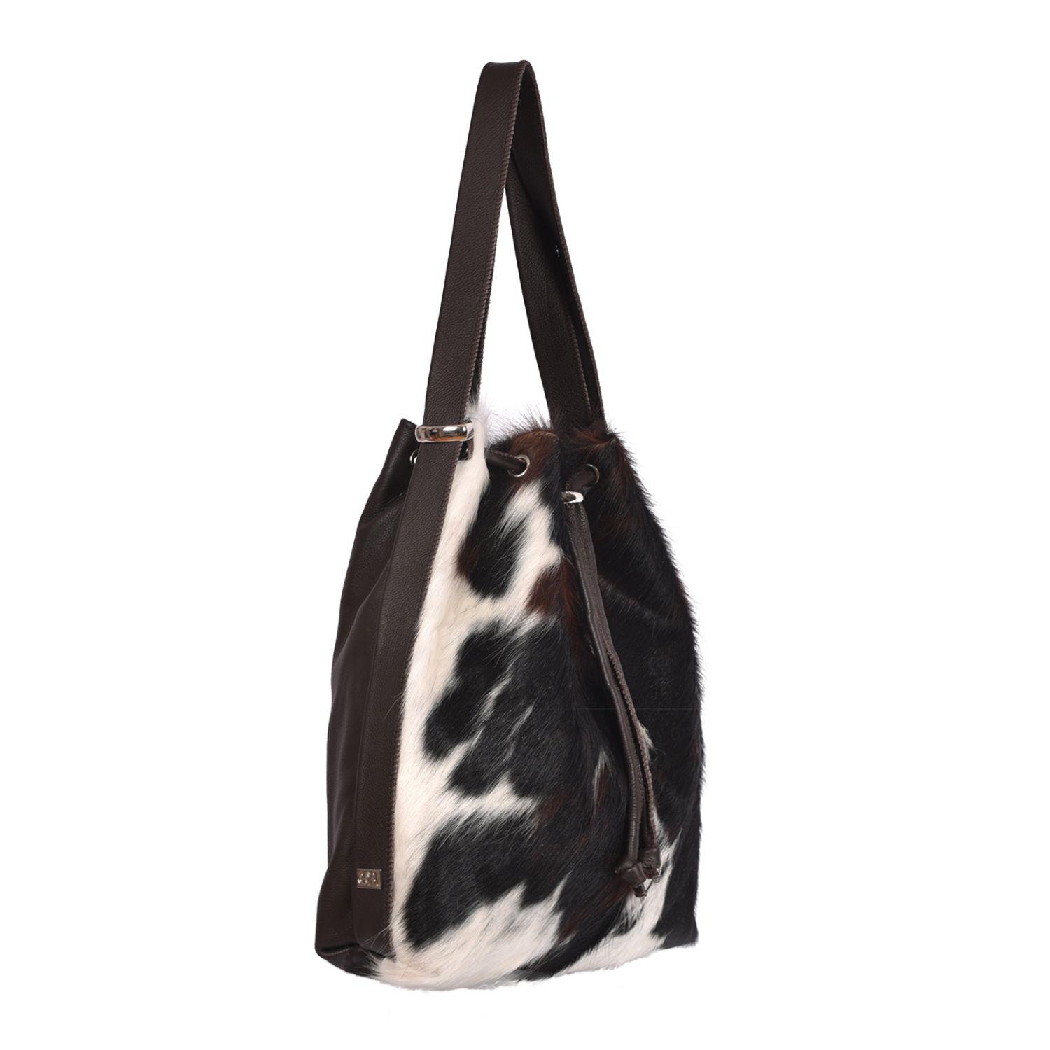 Cowhide Backpack/Shoulder Bag Tricolour Brown - Mathilde - Side