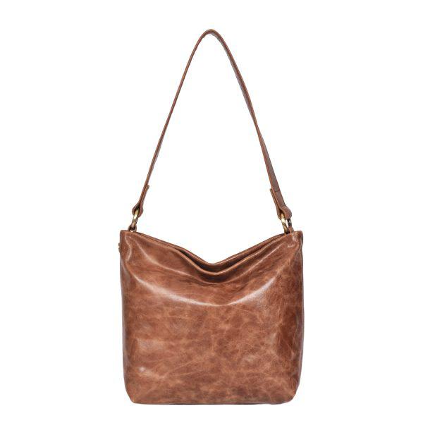 Leather Shoulder Bag Distressed Brown - Cookie - Front