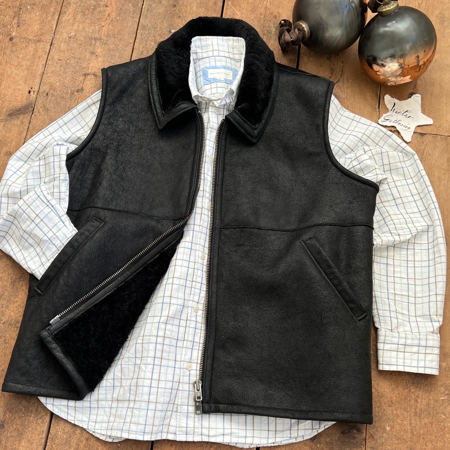 Mens Sheepskin Gilet Brody in Black Vintage by Owen Barry