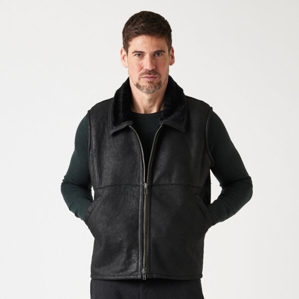 Mens Sheepskin Gilet Brody in Black Vintage by Owen Barry