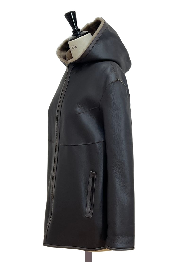 Womens-Sheepskin-Zipper-Hooded-Jacket-in-Brown-Napalan-with-soft-Oatmeal-Wool-