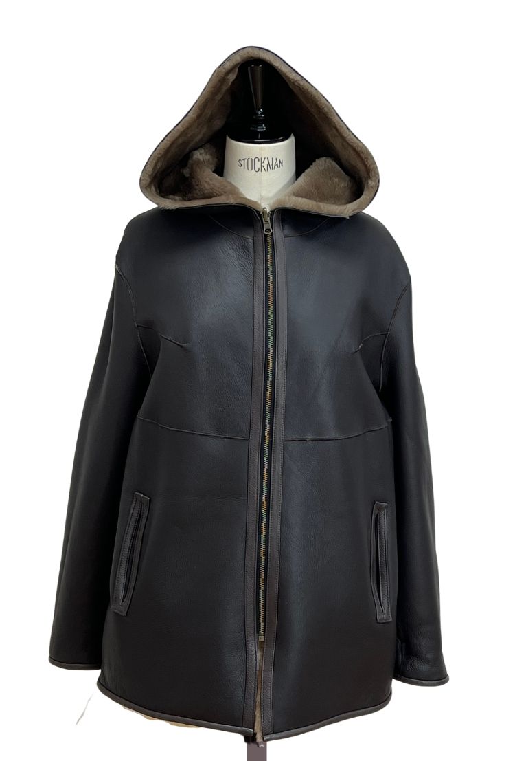 Womens-Sheepskin-Zipper-Hooded-Jacket-in-Brown-Napalan-with-soft-Oatmeal-Wool-