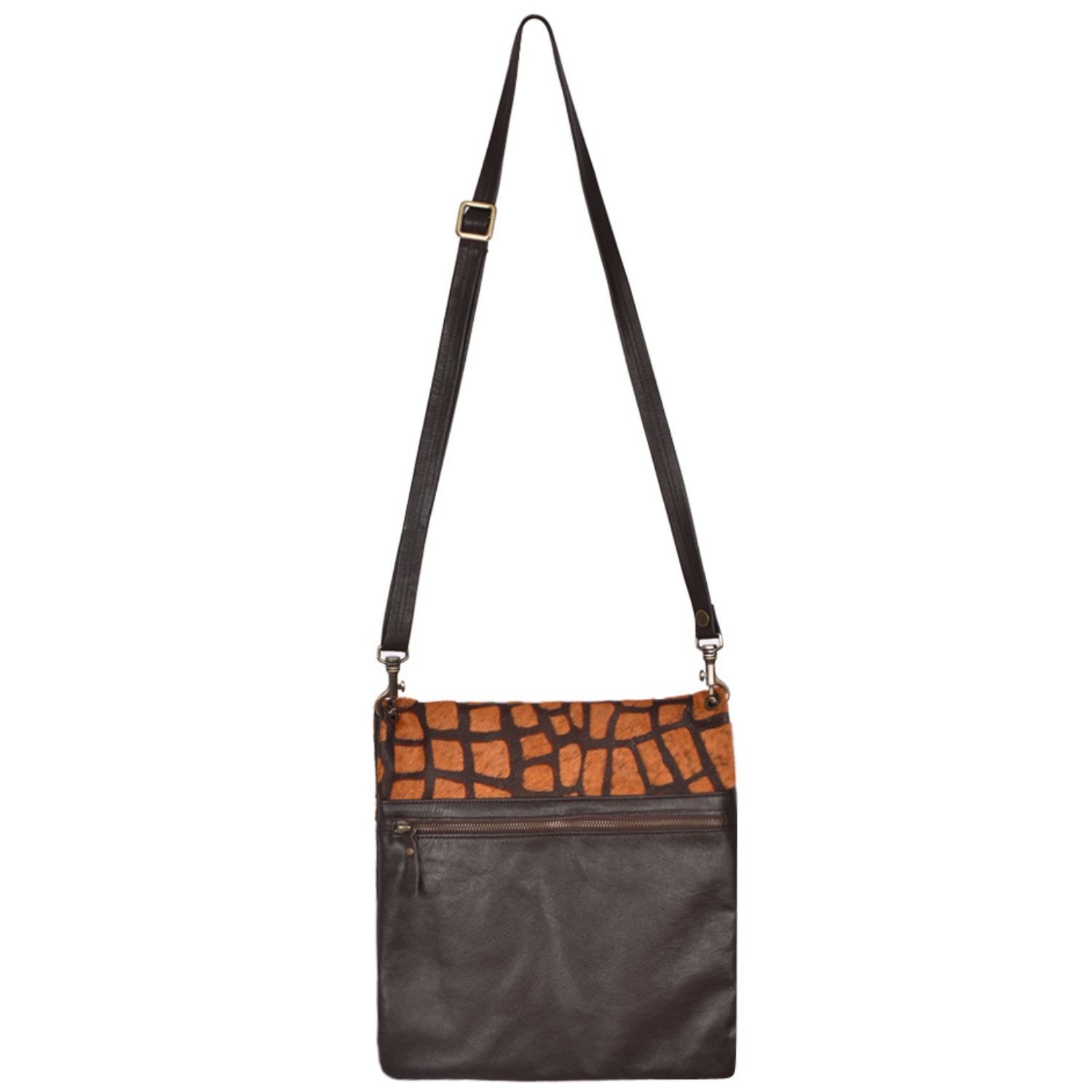 Stevie Blocks Cowhide on Brown Leather by Owen Barry (4) Cowhide crossbody- blocks-on-Brown-Leather-by-Owen-Barry