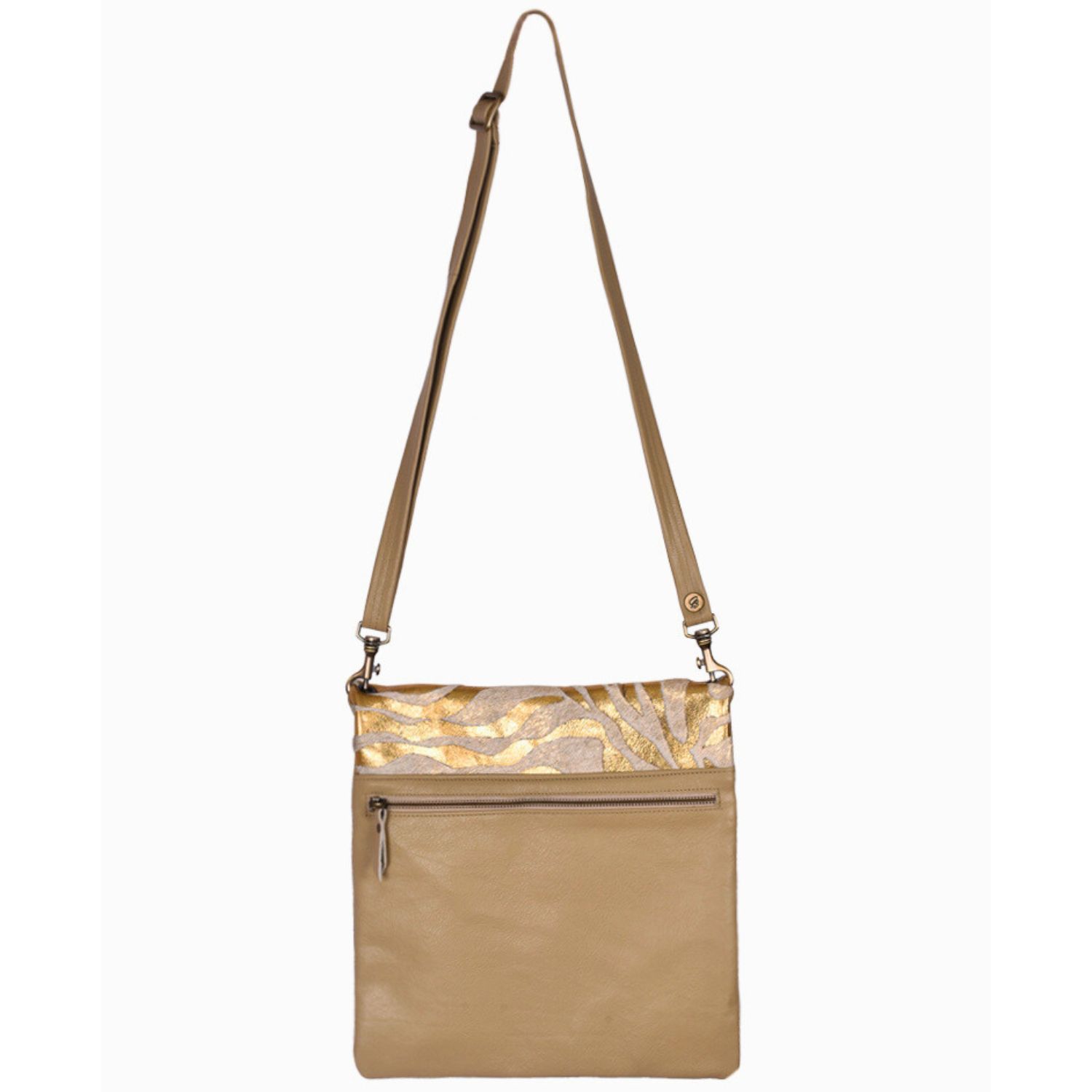 Stevie-Gold-Zebra-Cowhide crossbody bag on-Beige-leather-by-Owen-Barry