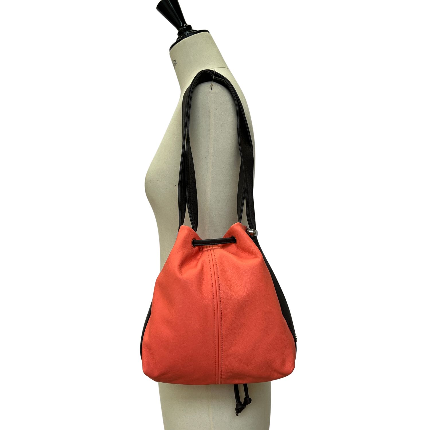 Mini Mathilde Coral (4) Mini Mathilde Backpack shoulder bag in softee leather coral with brown trim by Owen Barry