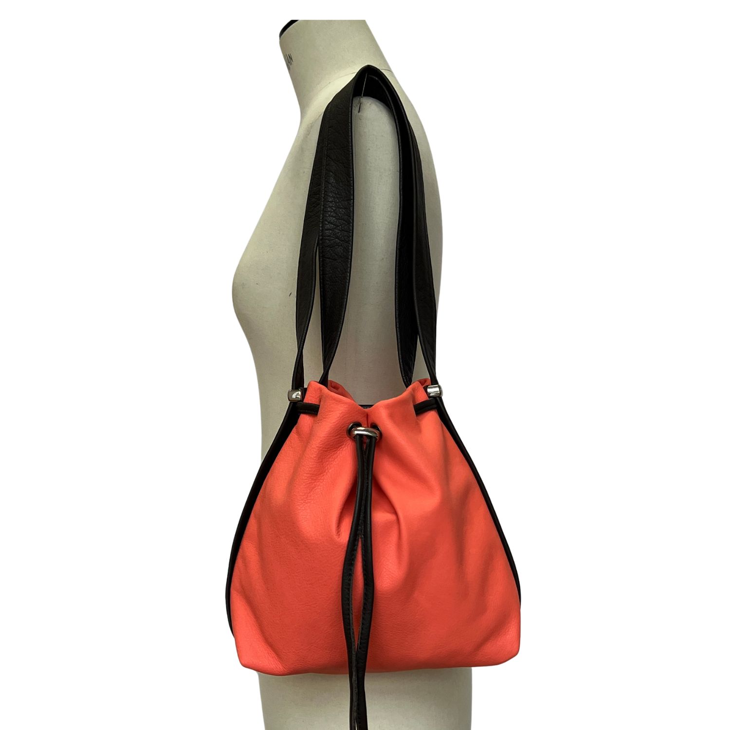 Mini Mathilde Coral (5) Mini Mathilde Backpack shoulder bag in softee leather coral with brown trim by Owen Barry