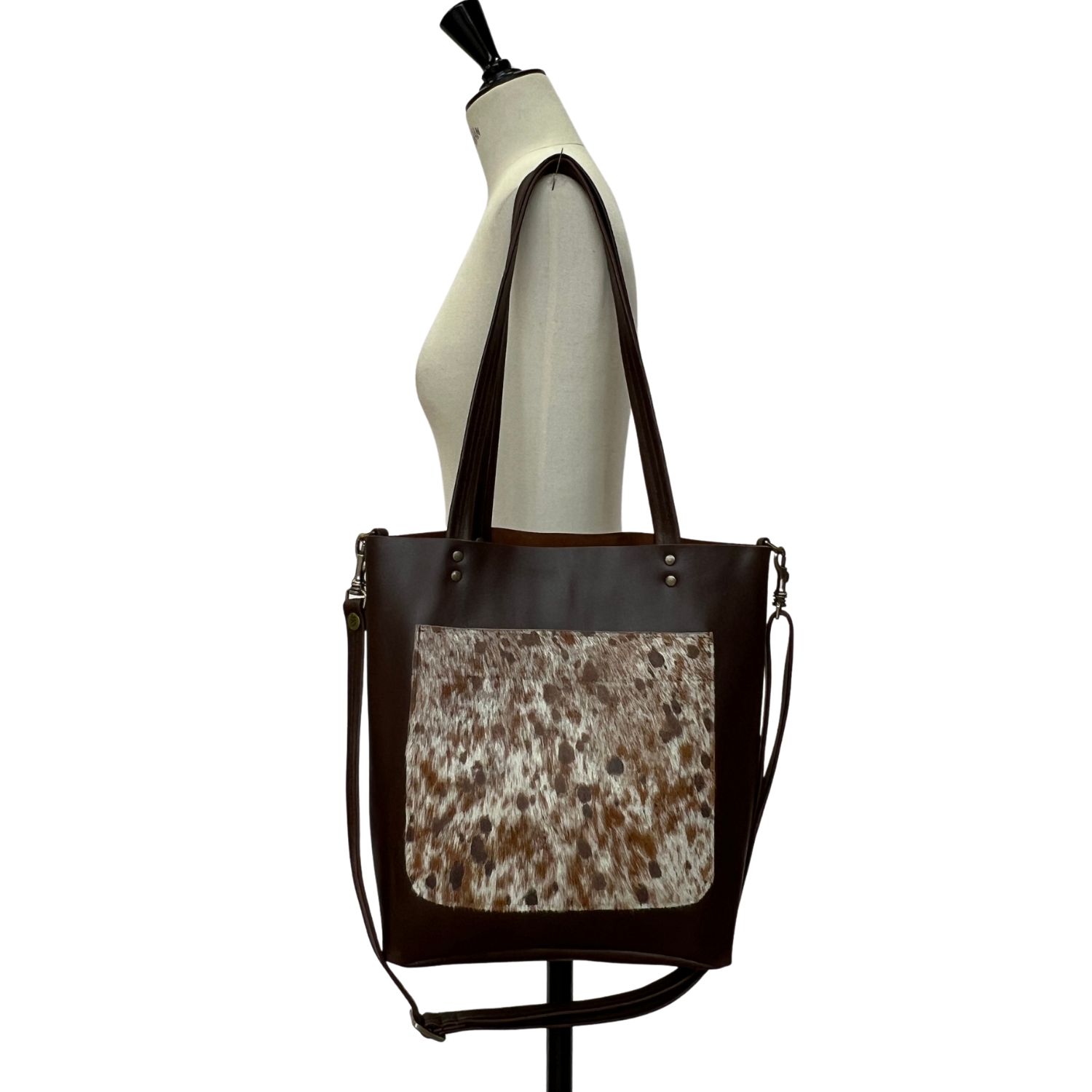 leather and cowhide shoulder bag/tote in brown waxy with montana by owen barry