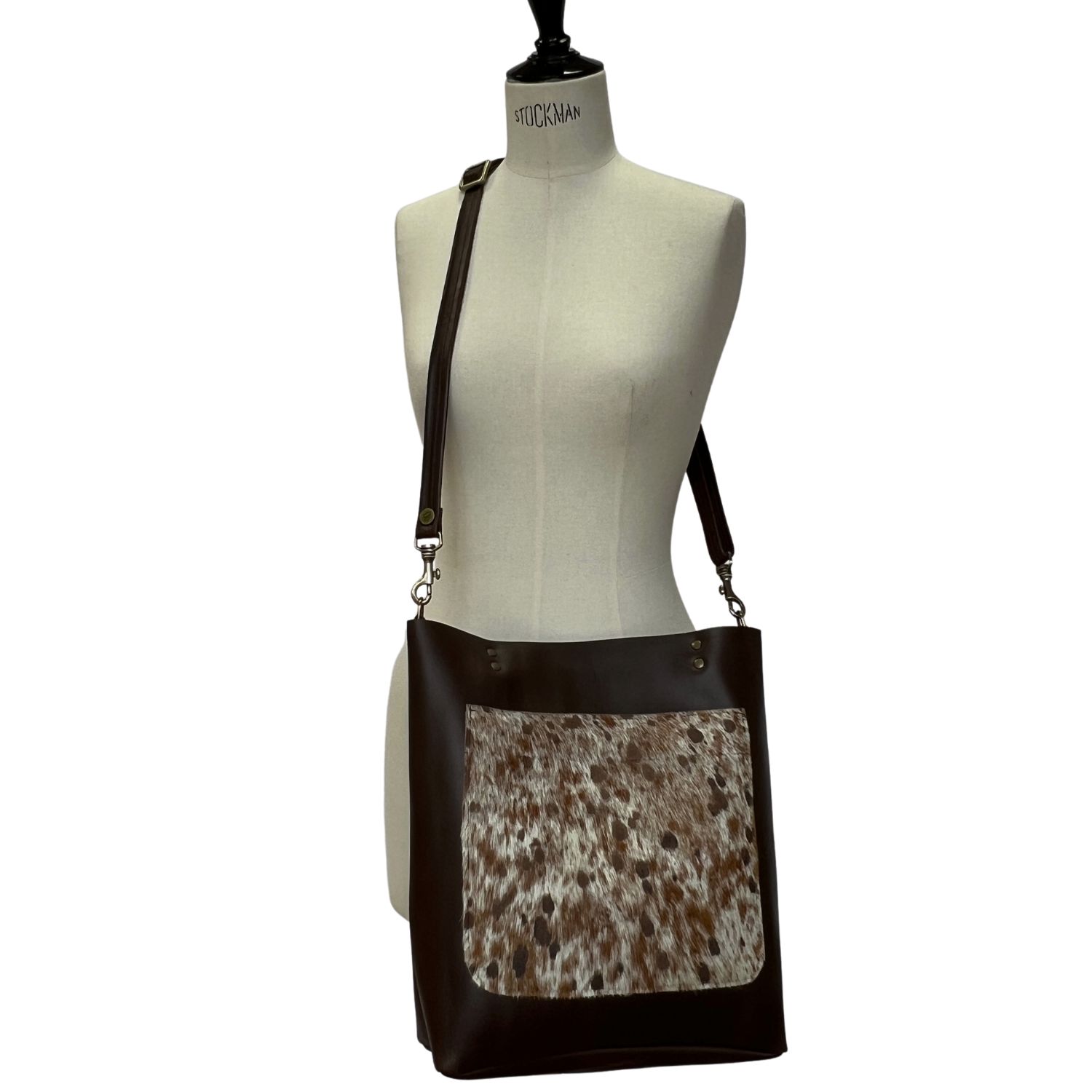 leather and cowhide shoulder bag/tote in brown waxy with montana by owen barry
