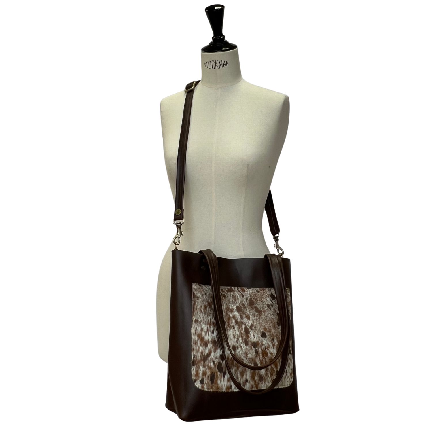 leather and cowhide shoulder bag/tote in brown waxy with montana by owen barry