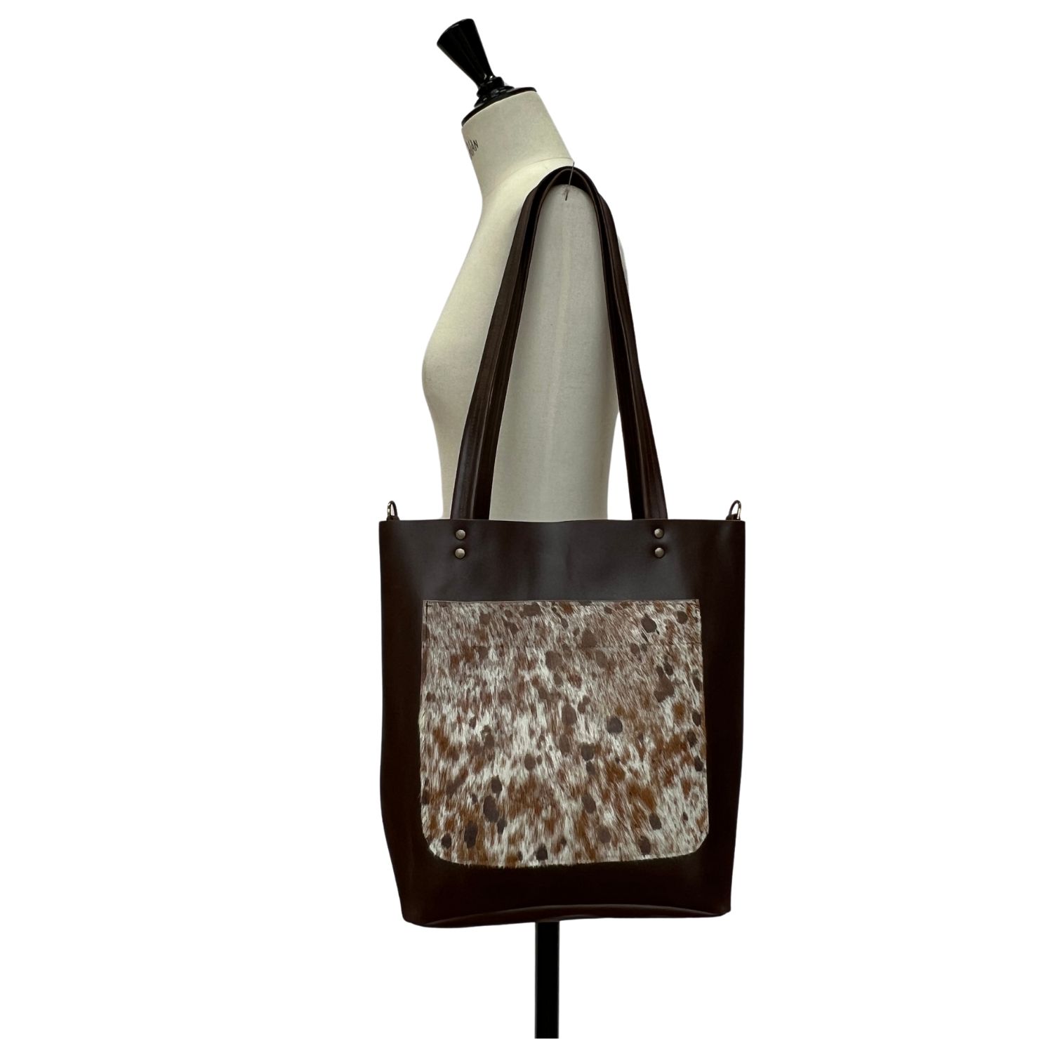 leather and cowhide shoulder bag/tote in brown waxy with montana by owen barry