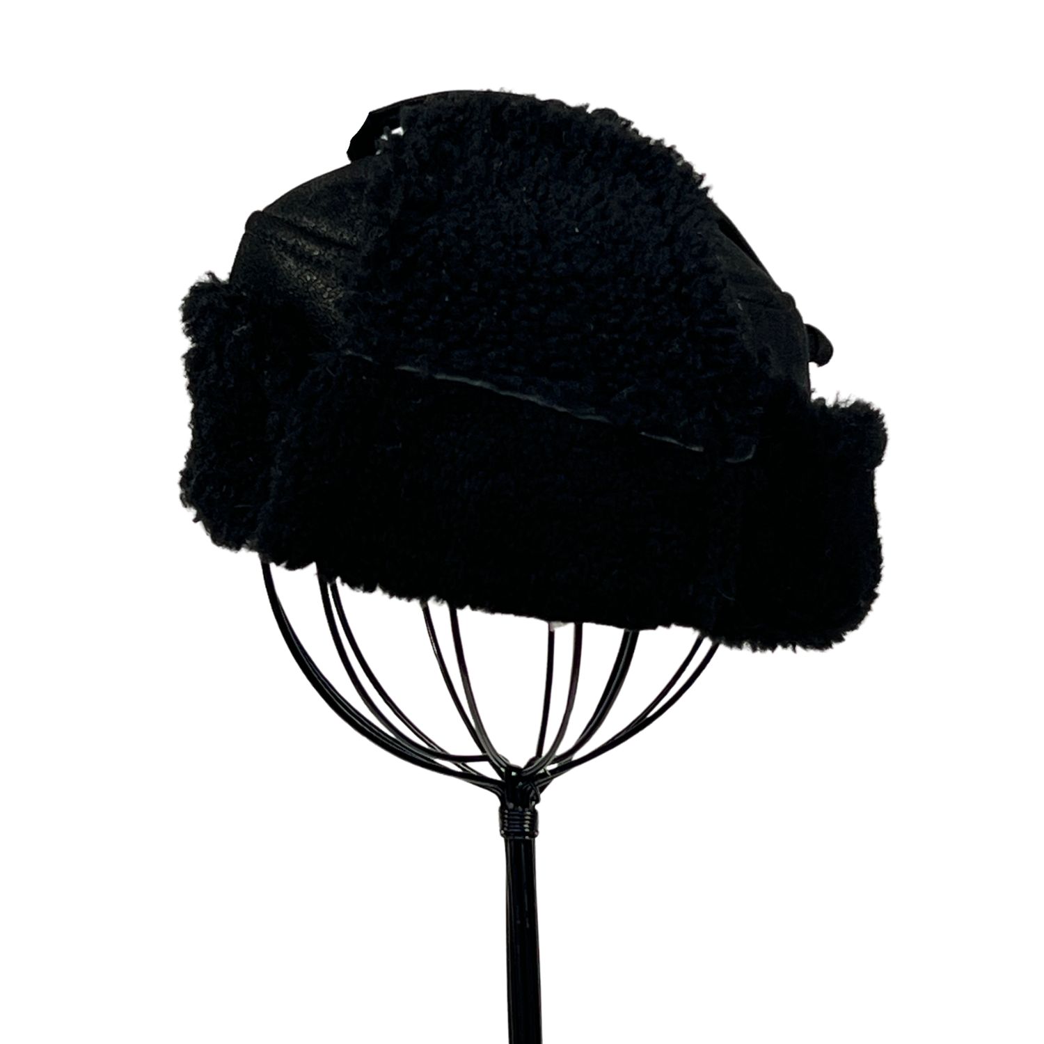 SHEEPSKIN TIE TRAPPER HAT GARTH BLACK VINTAGE (2) SHEEPSKIN TIE TRAPPER HAT GARTH BLACK VINTAGE