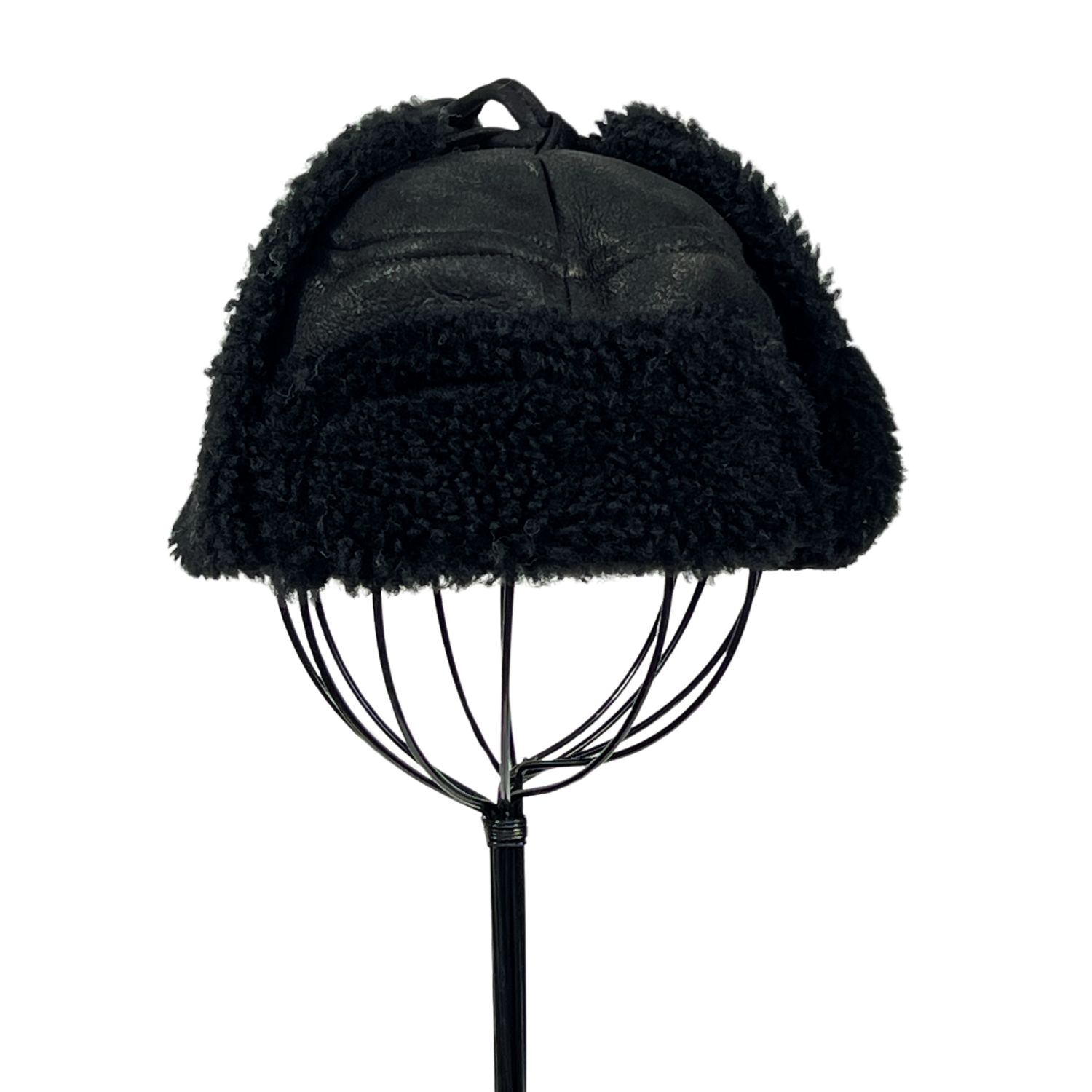 SHEEPSKIN TIE TRAPPER HAT GARTH BLACK VINTAGE (3) SHEEPSKIN TIE TRAPPER HAT GARTH BLACK VINTAGE